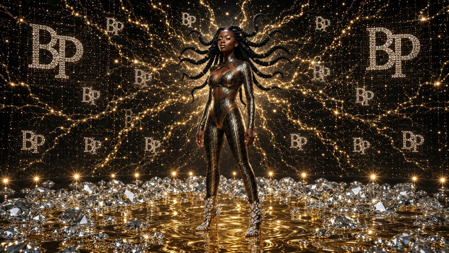 Cotto Davis standing in a pool of molten gold and diamonds, braids in motion, the BP mark glittering behind her